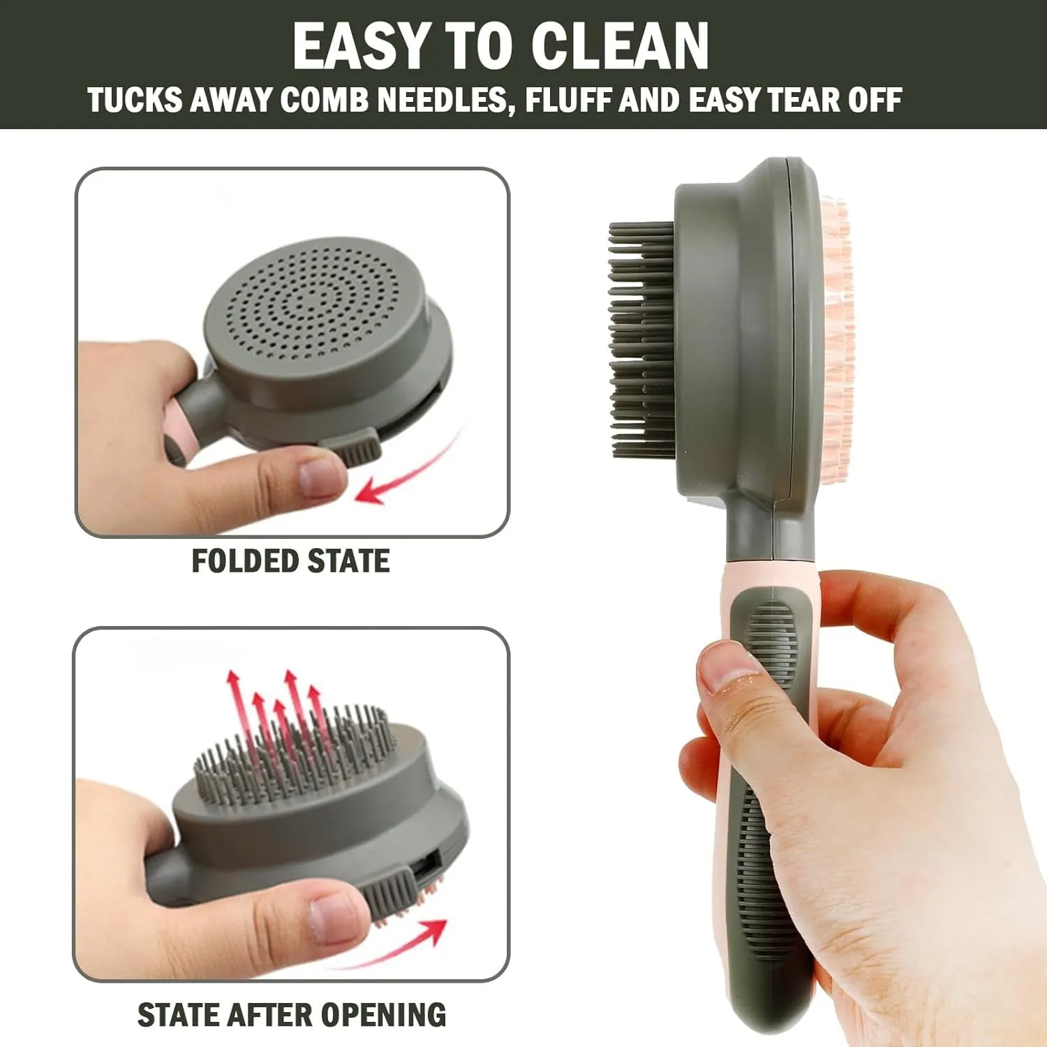 Green and pink double-sided cat brush with release button and included flea comb for pet grooming