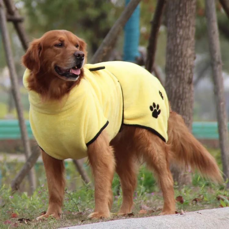 Yellow coral fleece embroidered bathrobe-style pajamas for a dog, sizes XS to 2XL