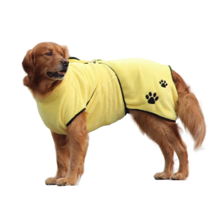 Yellow coral fleece embroidered bathrobe-style pajamas for a dog, sizes XS to 2XL