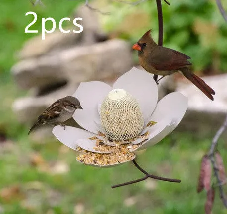 Garden petal shape wire bird feeder in red, 78cm long, hanging outdoors