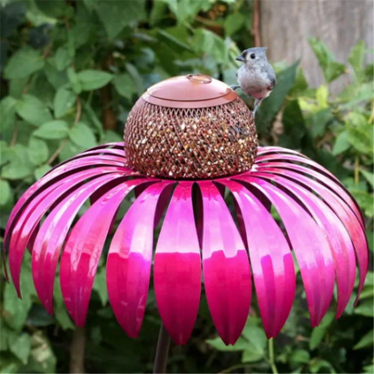 Garden petal shape wire bird feeder in red, 78cm long, hanging outdoors