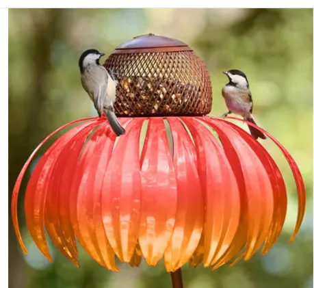 Garden petal shape wire bird feeder in red, 78cm long, hanging outdoors