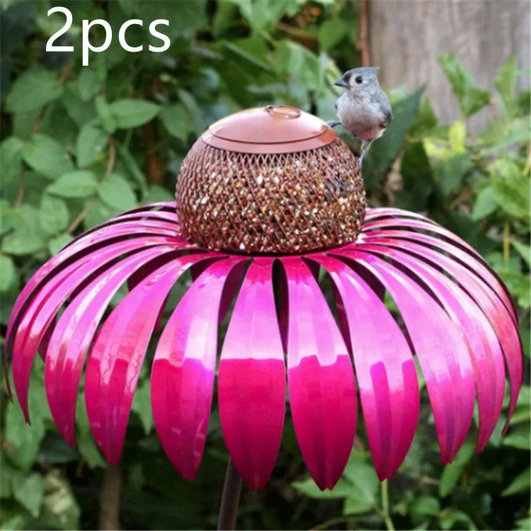 Garden petal shape wire bird feeder in red, 78cm long, hanging outdoors