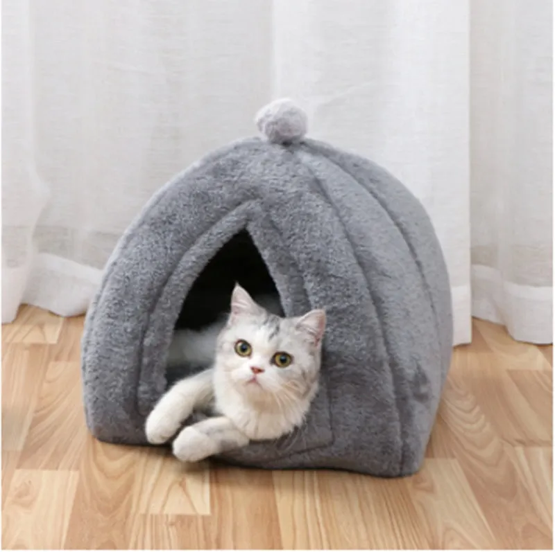 Warm cat house closed folding design in breathable wool for small and medium pets