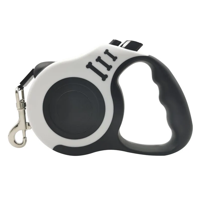 Pet dog automatic retractable leash with bone print pattern, nylon strap, and plastic housing