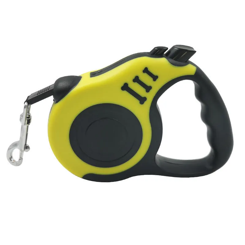 Pet dog automatic retractable leash with bone print pattern, nylon strap, and plastic housing