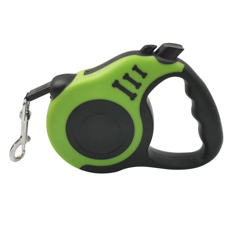 Pet dog automatic retractable leash with bone print pattern, nylon strap, and plastic housing