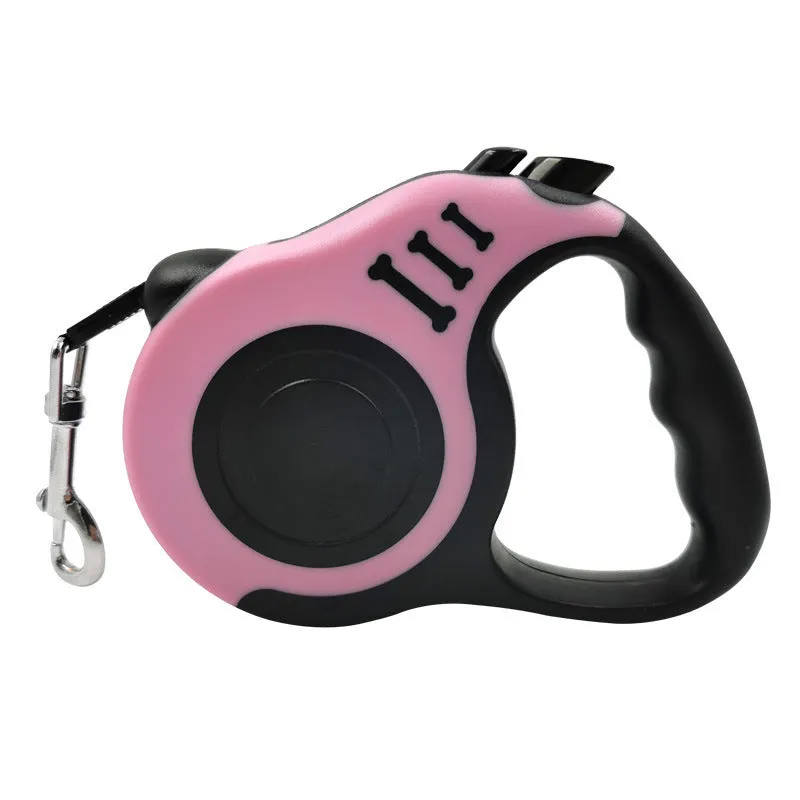 Pet dog automatic retractable leash with bone print pattern, nylon strap, and plastic housing