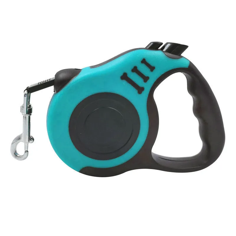 Pet dog automatic retractable leash with bone print pattern, nylon strap, and plastic housing