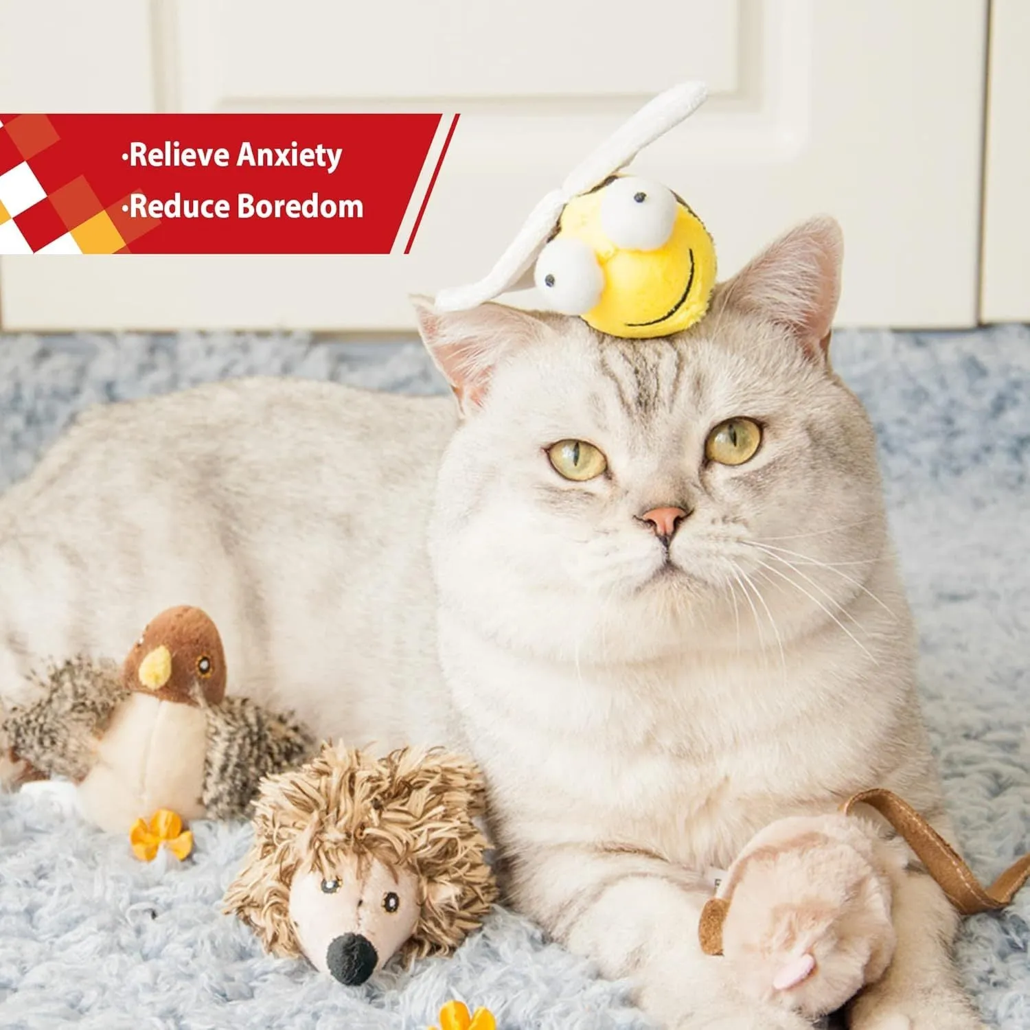 Yellow flannelette bee-shaped electronic cat toy that squeaks when touched