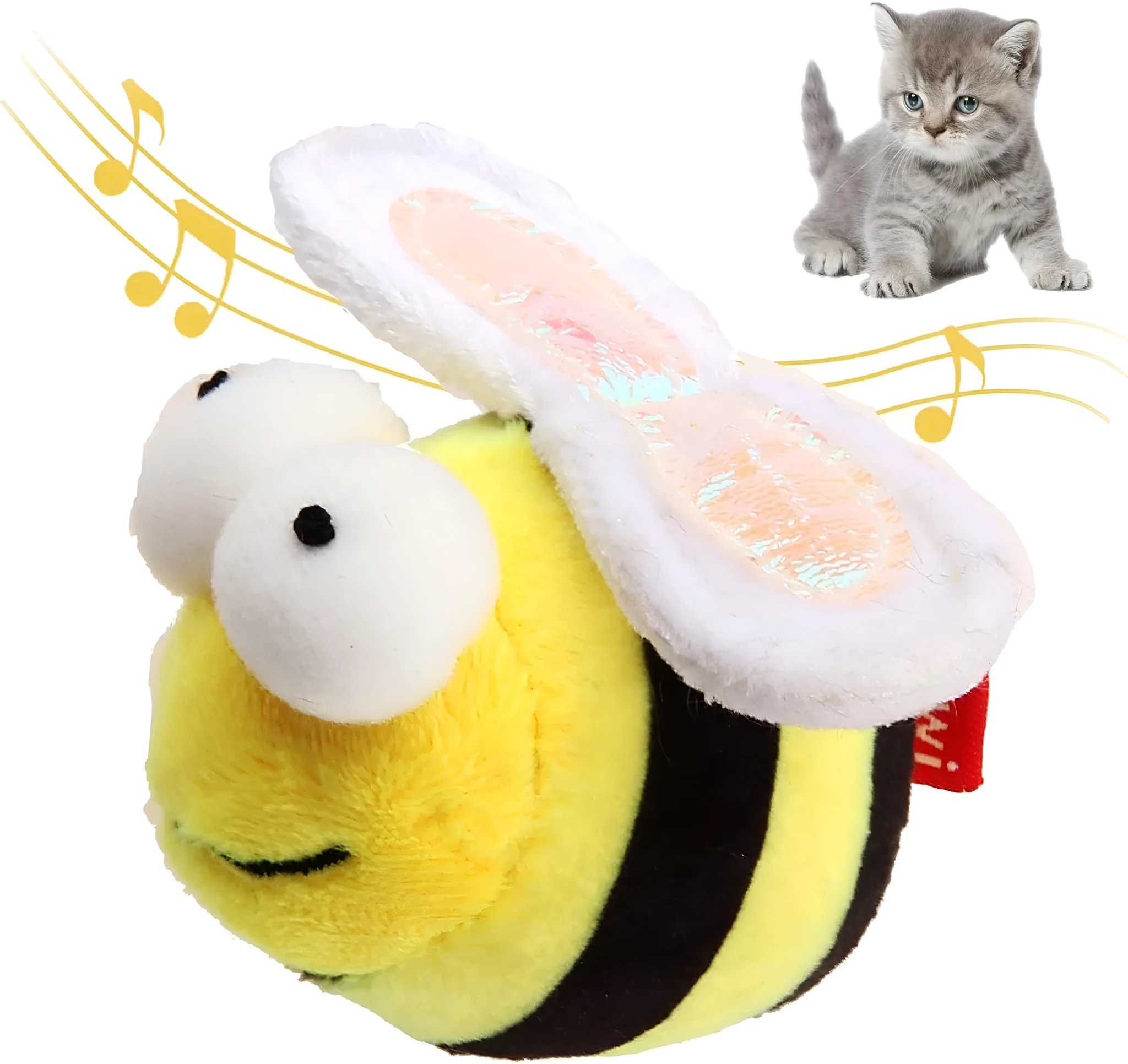 Yellow flannelette bee-shaped electronic cat toy that squeaks when touched