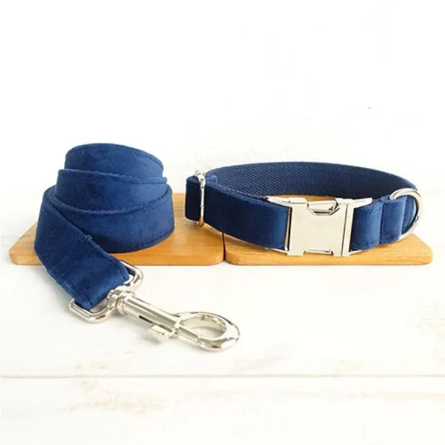 Blue velvet polyester dog collar with bow tie, in size large, for walking small and large pets