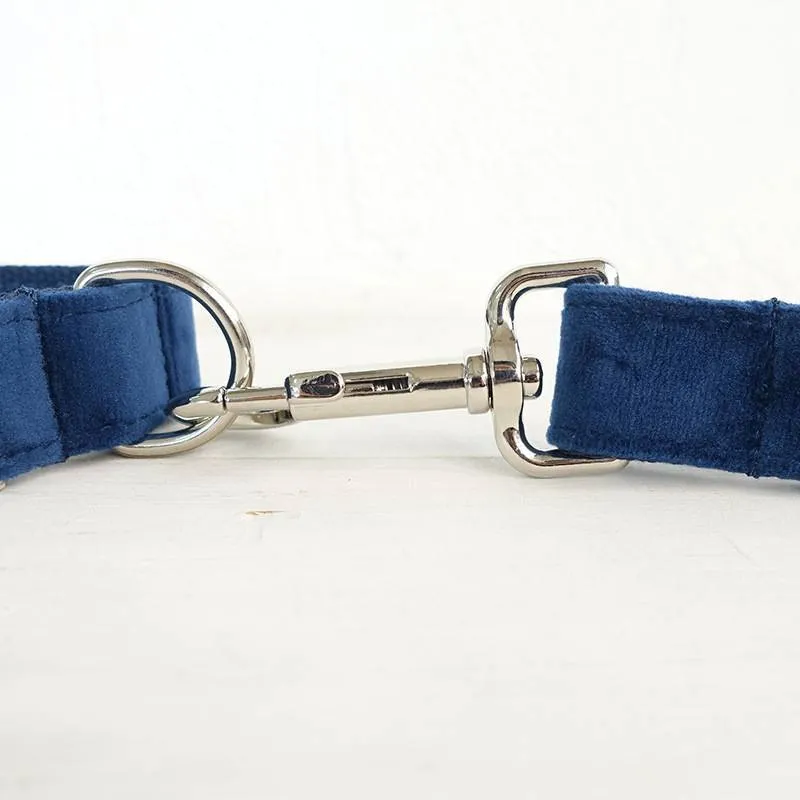 Blue velvet polyester dog collar with bow tie, in size large, for walking small and large pets