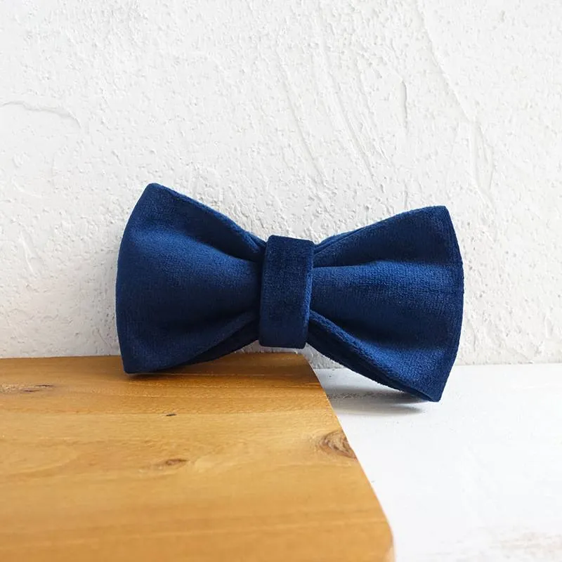 Blue velvet polyester dog collar with bow tie, in size large, for walking small and large pets