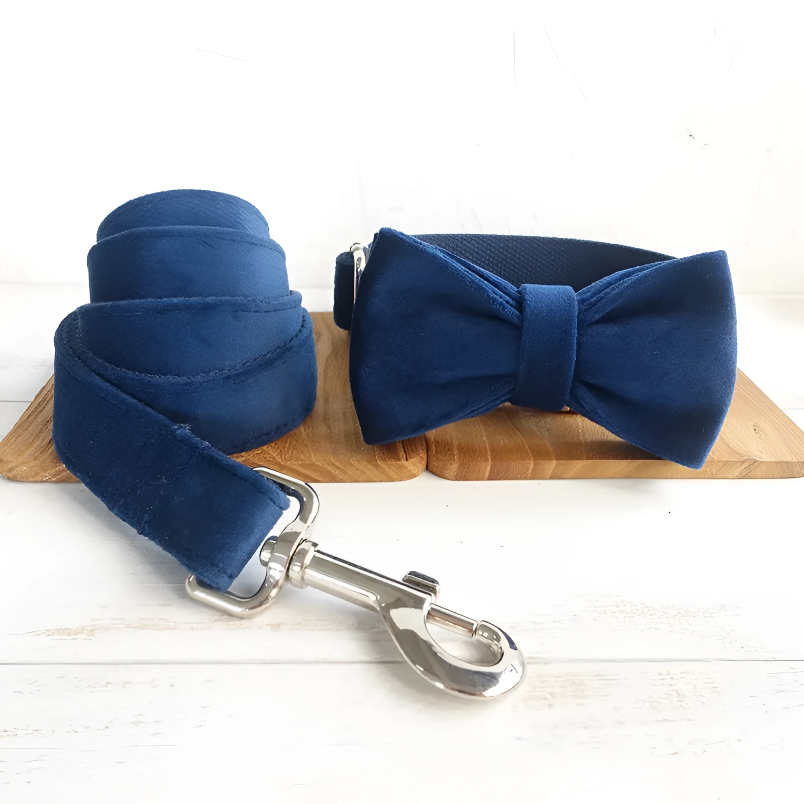 Blue velvet polyester dog collar with bow tie, in size large, for walking small and large pets