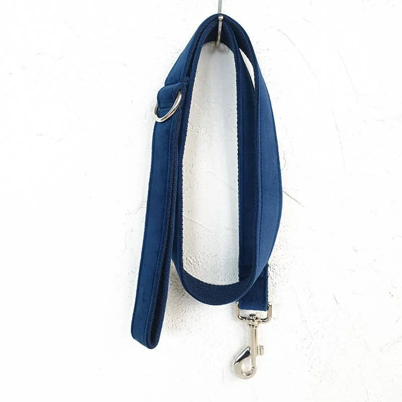 Blue velvet polyester dog collar with bow tie, in size large, for walking small and large pets