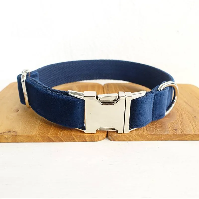Blue velvet polyester dog collar with bow tie, in size large, for walking small and large pets