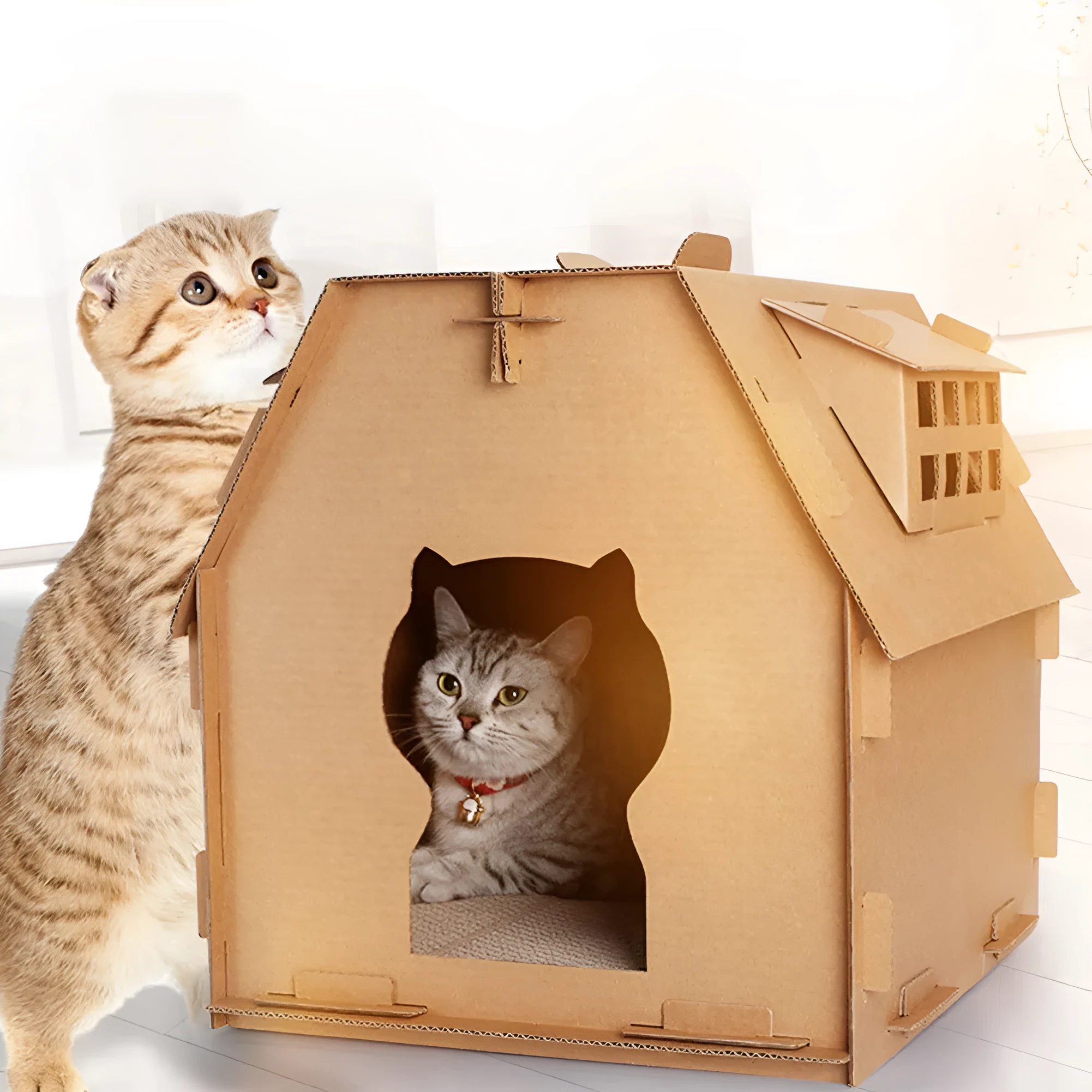 Corrugated paper cat house carton with honeycomb structure and paper holes for scratching, DIY assembly