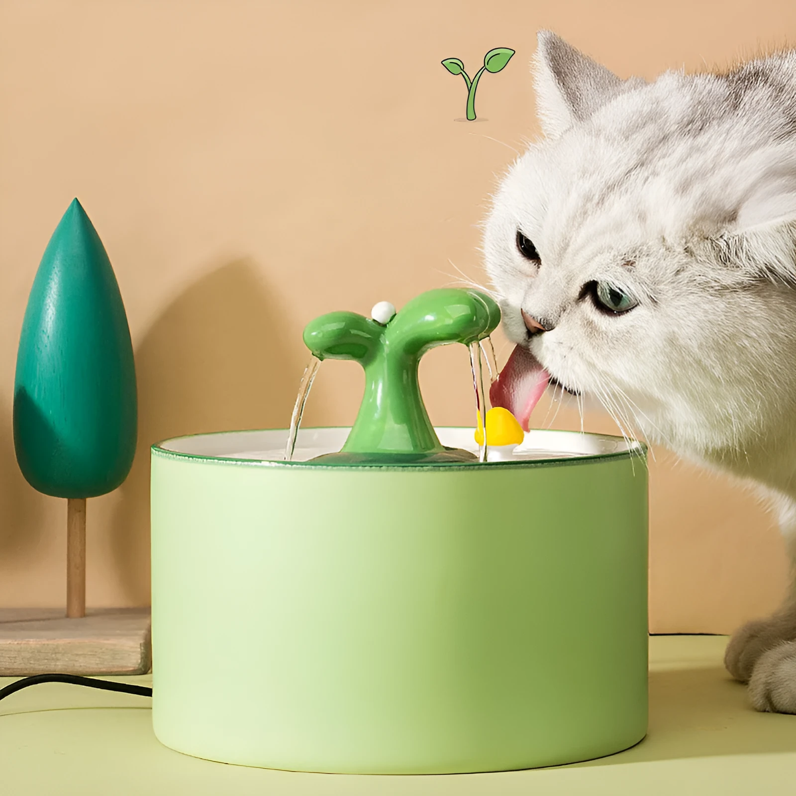 1.5L electric ceramic cat drinking fountain in green with double filtration system and silent pump