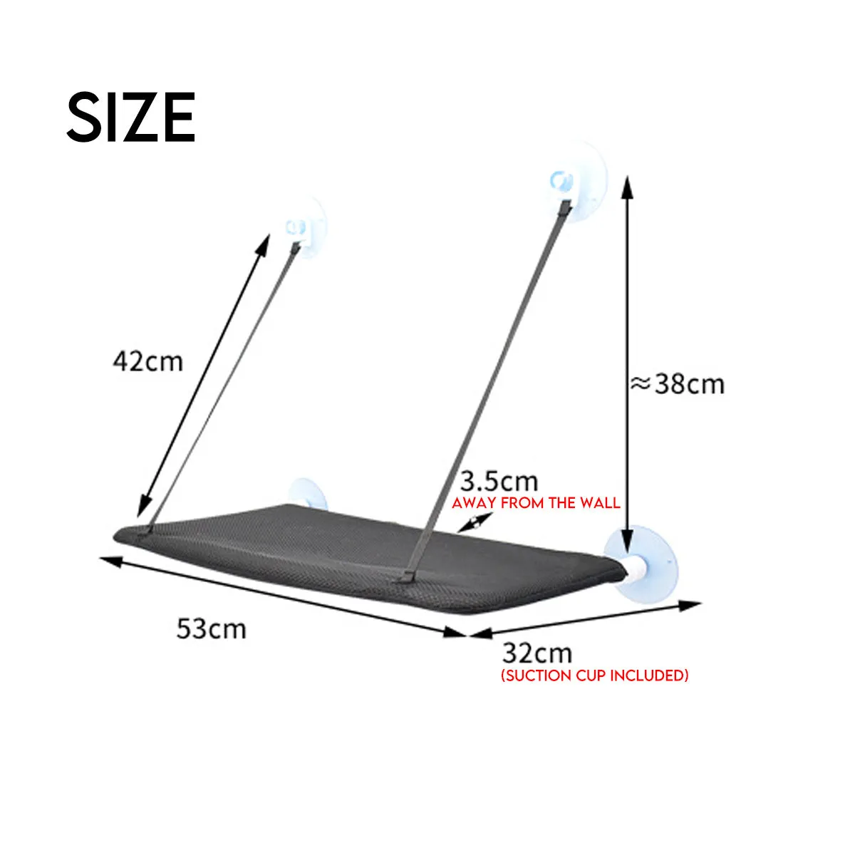 Black pet hammock with suction cups attached to a window, 53x32 cm, breathable mesh fabric