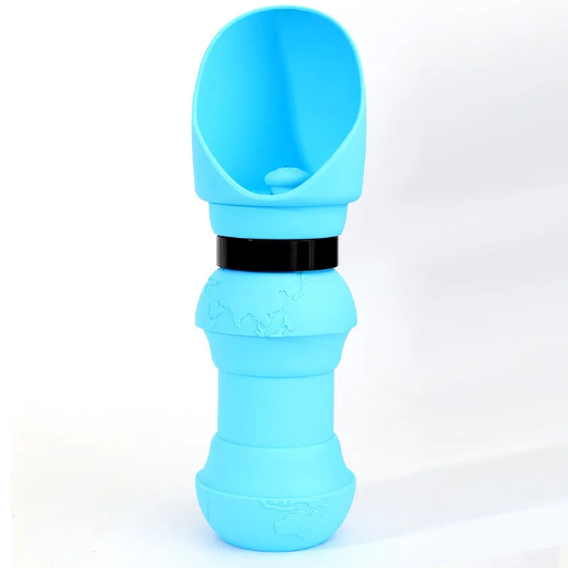 Silicone folding pet water cup shown in collapsed and open positions, available in various colours.