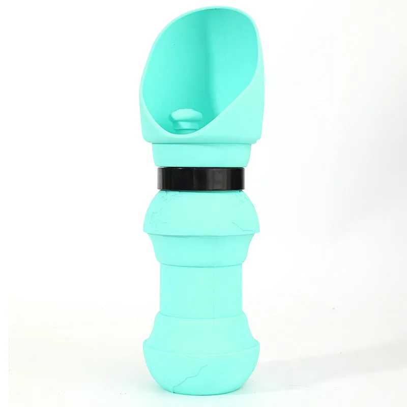 Silicone folding pet water cup shown in collapsed and open positions, available in various colours.