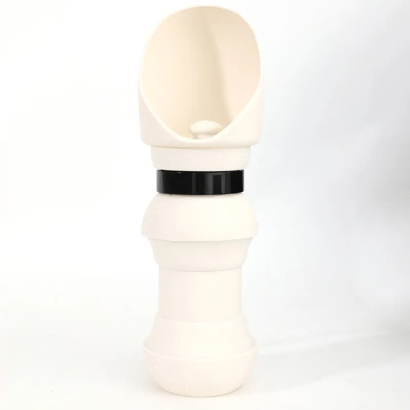 Silicone folding pet water cup shown in collapsed and open positions, available in various colours.