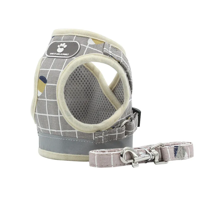 Breathable mesh small dog harness and leash set in grey with reflective strips, five sizes