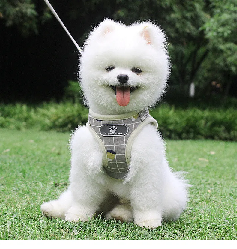 Breathable mesh small dog harness and leash set in grey with reflective strips, five sizes