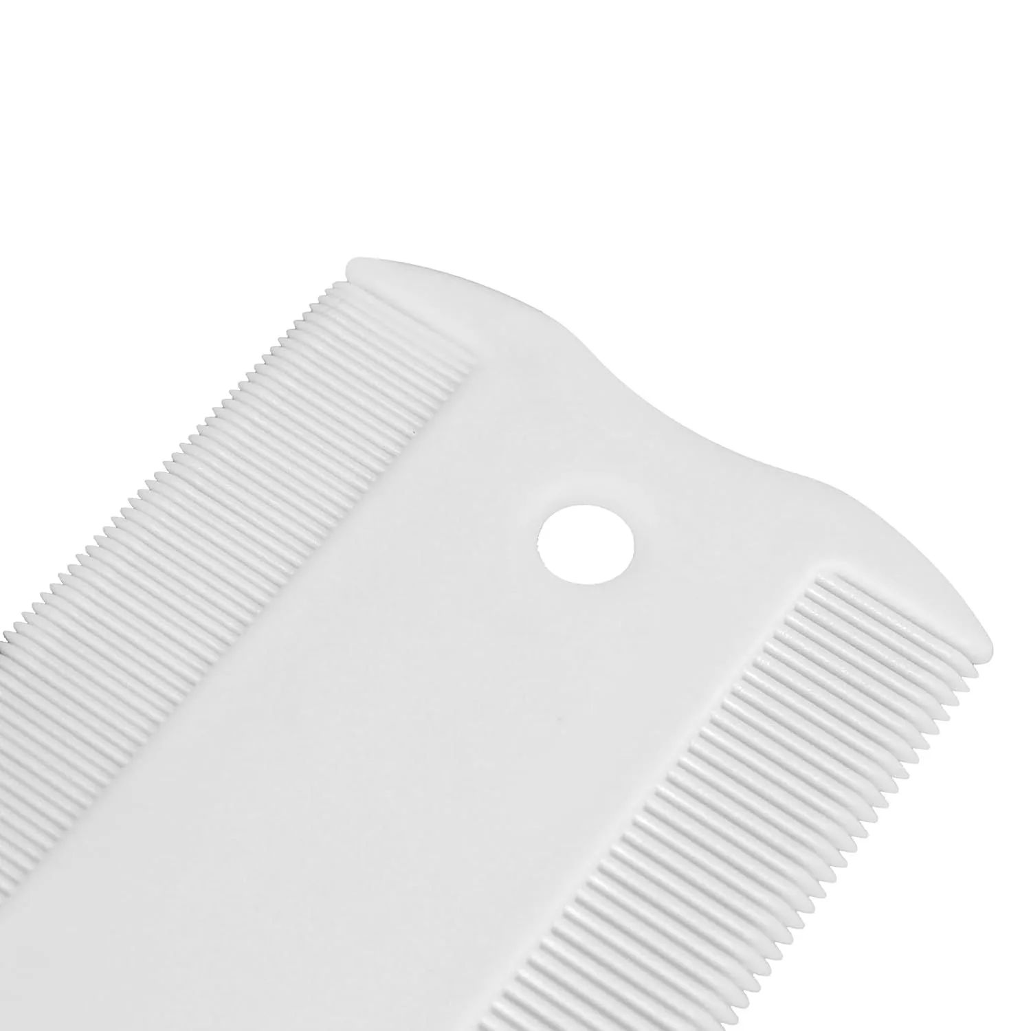 Double-sided plastic flea comb for pet facial grooming with dense teeth, measuring 0.85cm by 5cm.