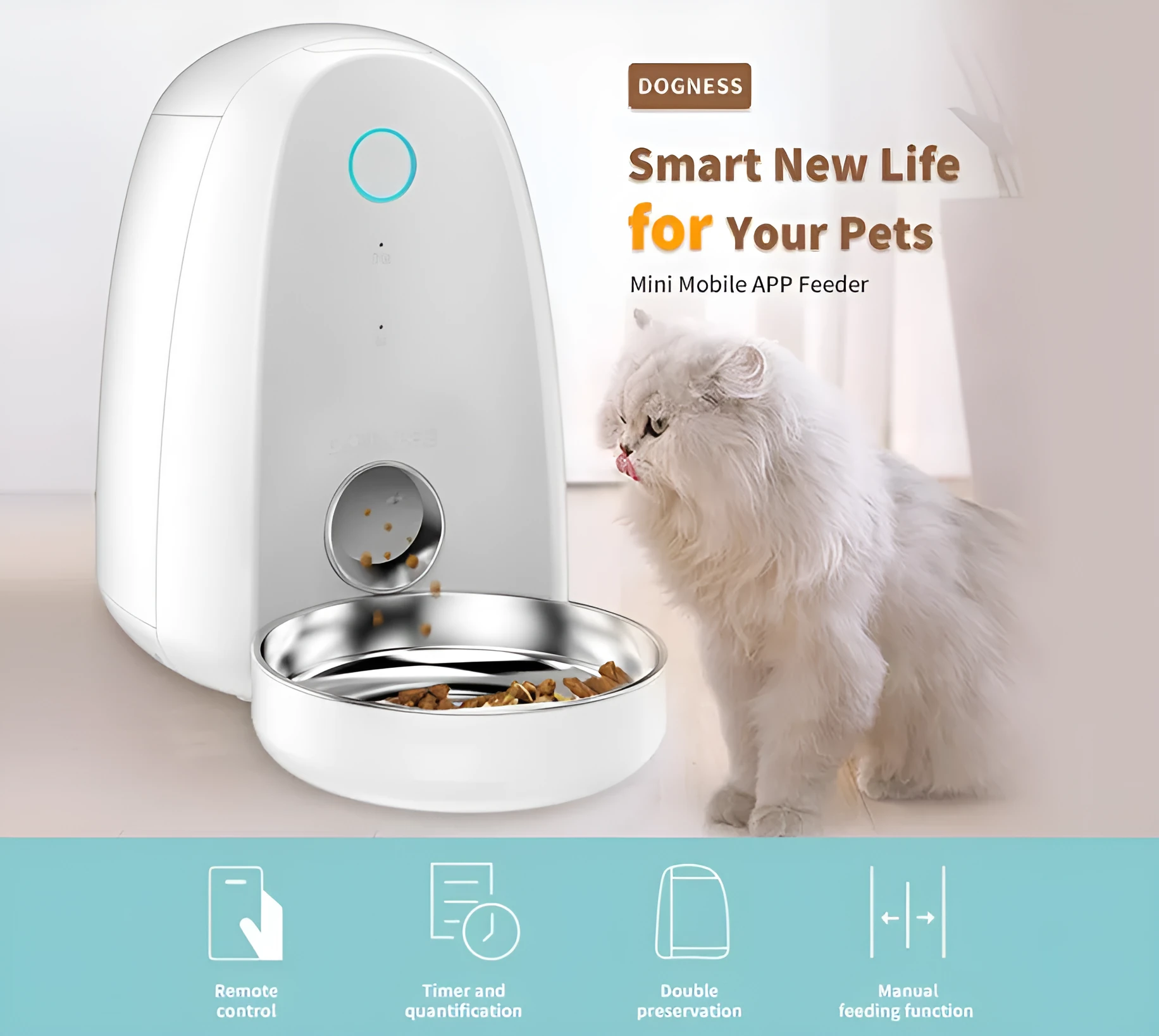 2L automatic WiFi smart pet feeder with stainless steel bowl for small dogs and cats