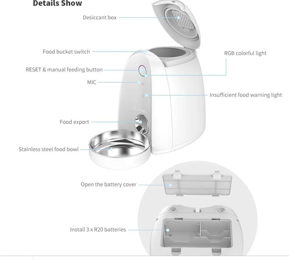 2L automatic WiFi smart pet feeder with stainless steel bowl for small dogs and cats