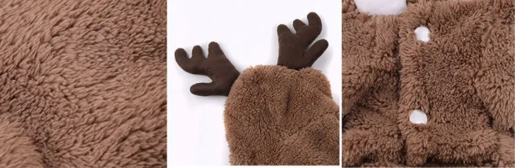 Brown Christmas pet Santa costume made from cotton-style cloth with four-leg design, available in sizes XS to 7XL