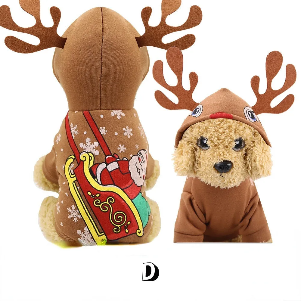 Brown Christmas pet Santa costume made from cotton-style cloth with four-leg design, available in sizes XS to 7XL