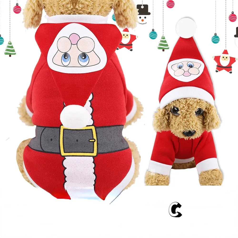 Brown Christmas pet Santa costume made from cotton-style cloth with four-leg design, available in sizes XS to 7XL