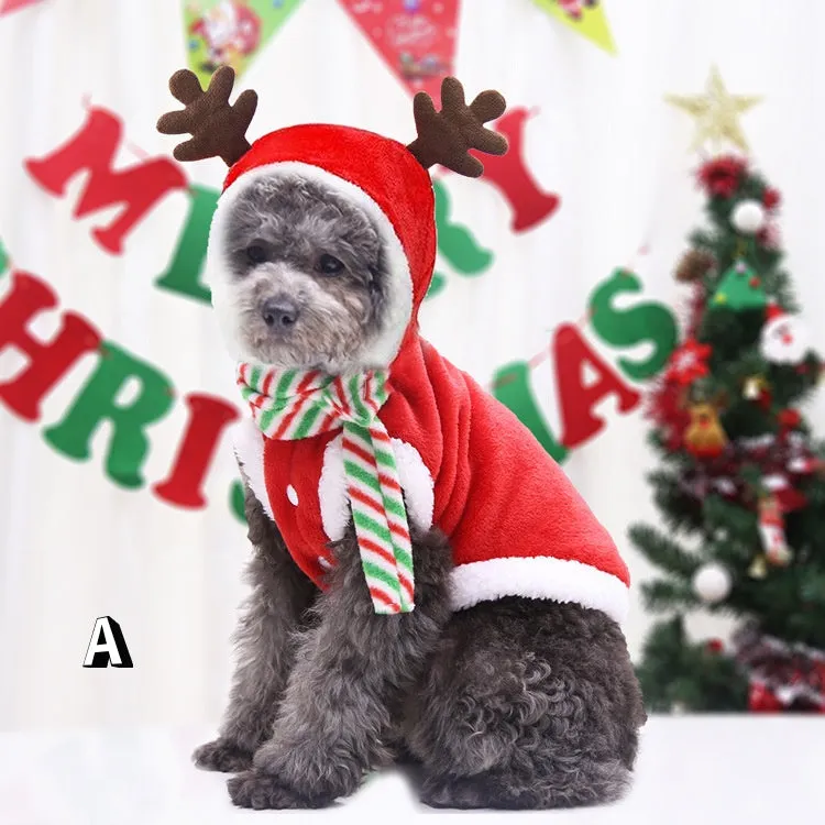 Brown Christmas pet Santa costume made from cotton-style cloth with four-leg design, available in sizes XS to 7XL