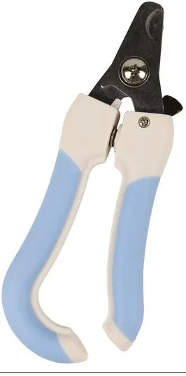 Blue or pink pet nail clippers with stainless steel blades and rubber handle