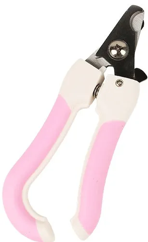 Blue or pink pet nail clippers with stainless steel blades and rubber handle