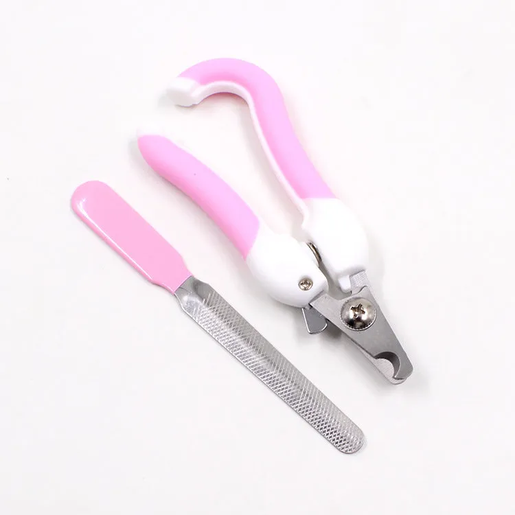 Blue or pink pet nail clippers with stainless steel blades and rubber handle