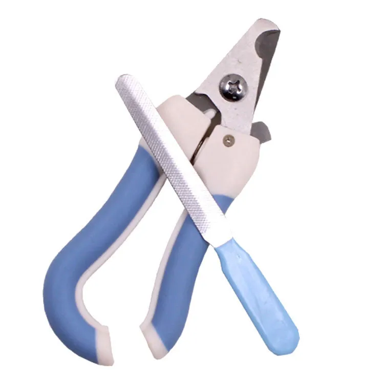 Blue or pink pet nail clippers with stainless steel blades and rubber handle