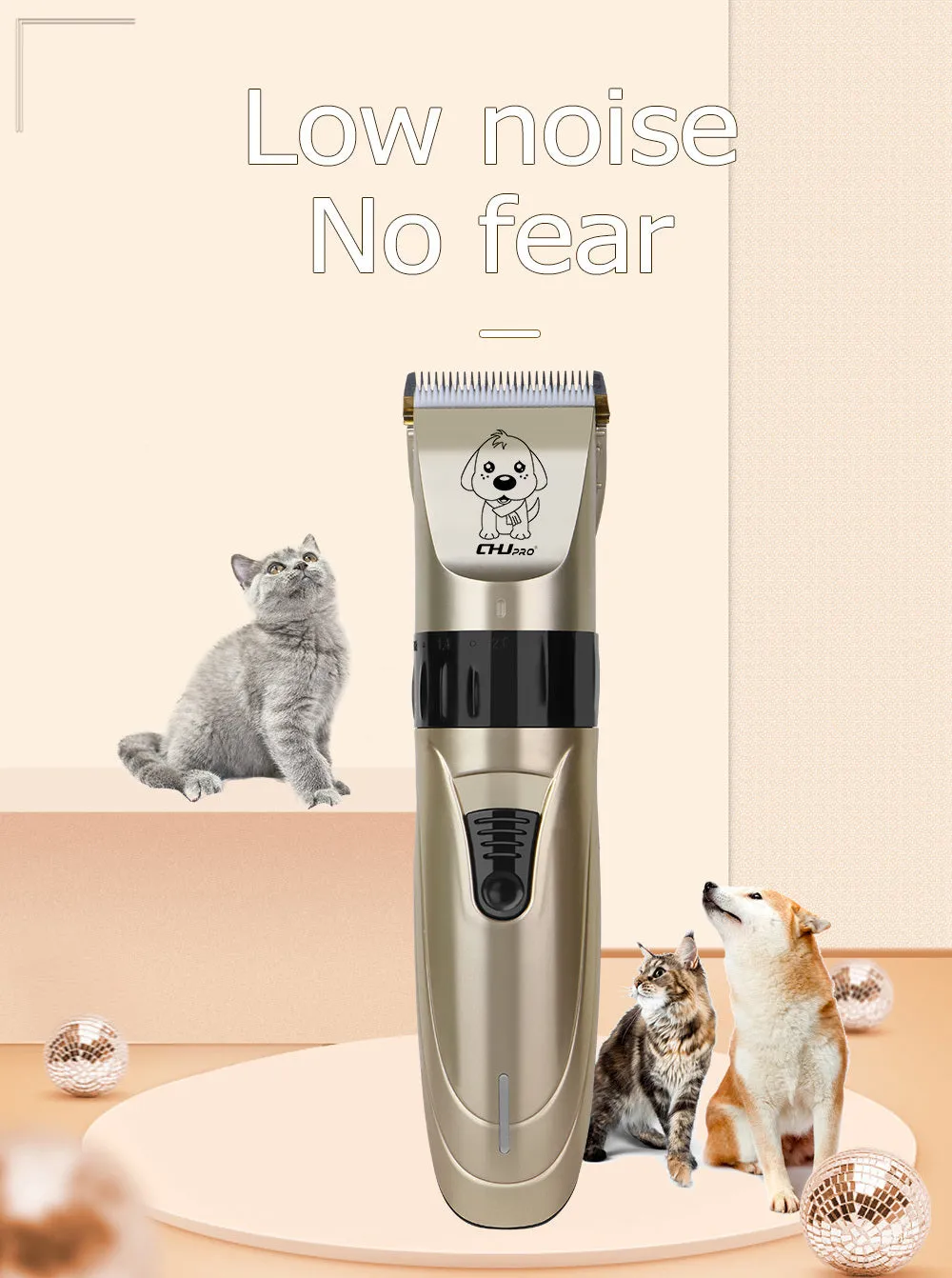 Professional pet clipper with titanium ceramic blade and four positioning combs on a table