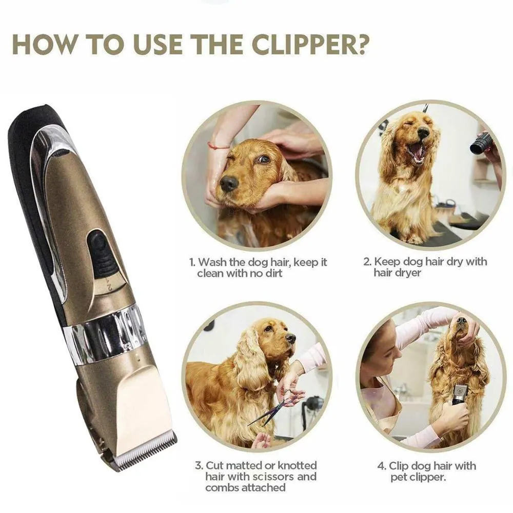 Professional pet clipper with titanium ceramic blade and four positioning combs on a table