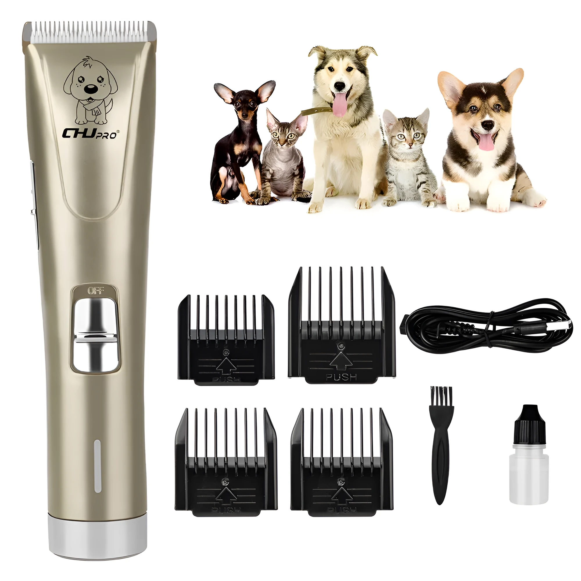 Professional pet clipper with titanium ceramic blade and four positioning combs on a table