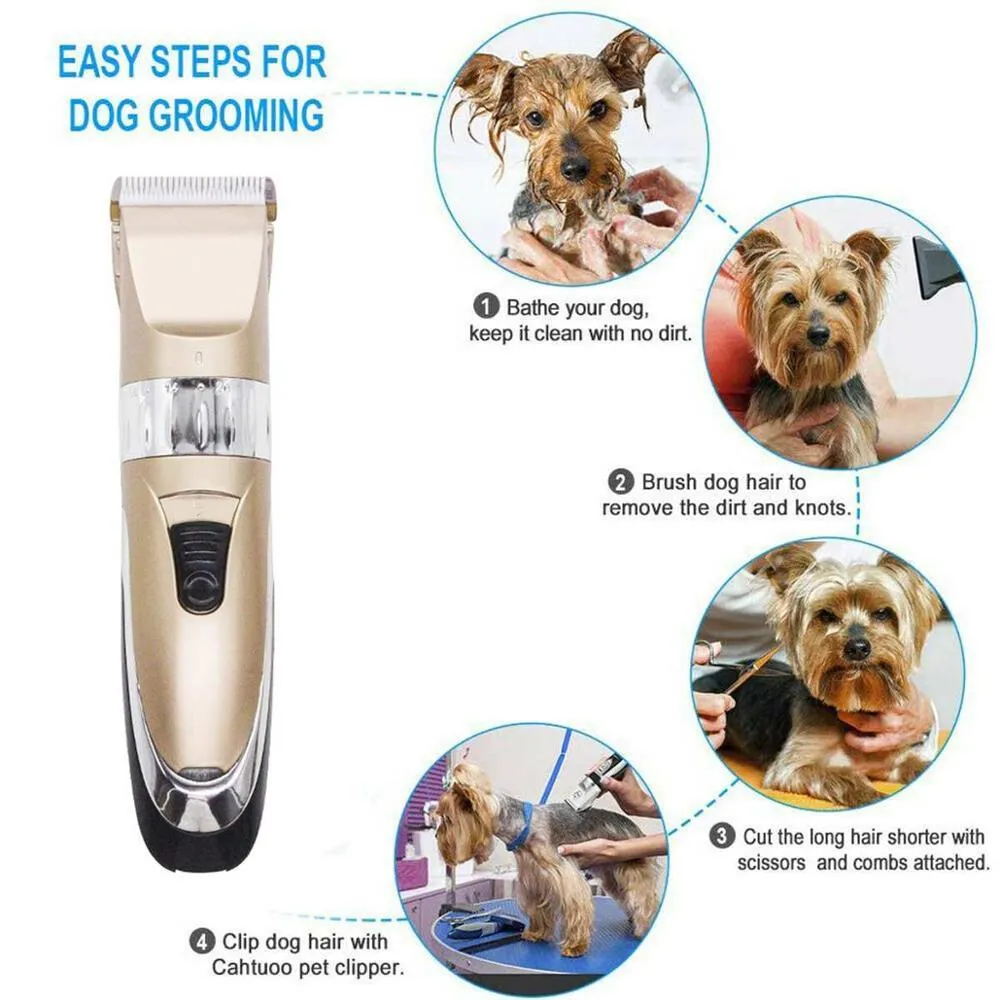 Professional pet clipper with titanium ceramic blade and four positioning combs on a table