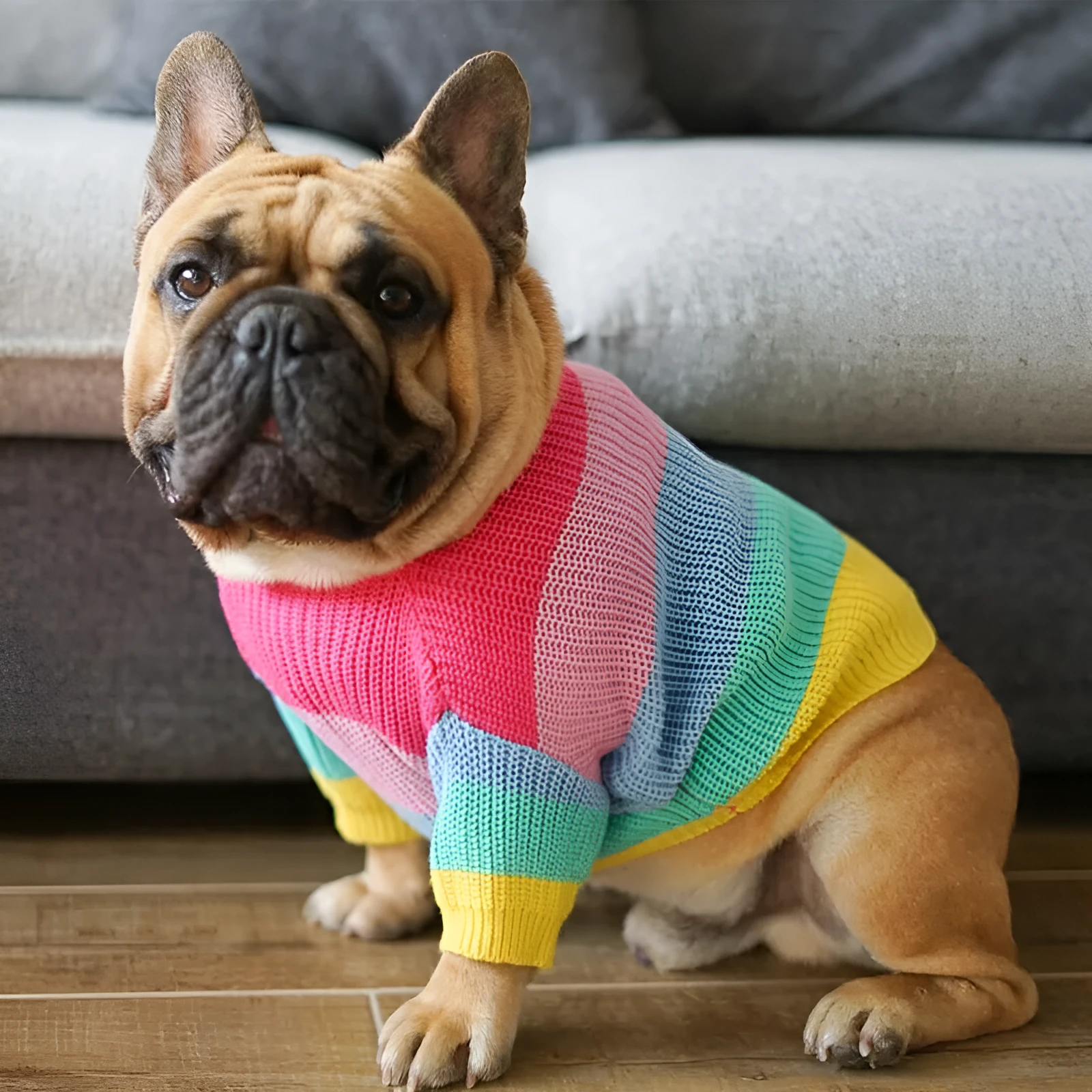 Rainbow wool dog sweater on a dog, showing knit texture and bright colour pattern