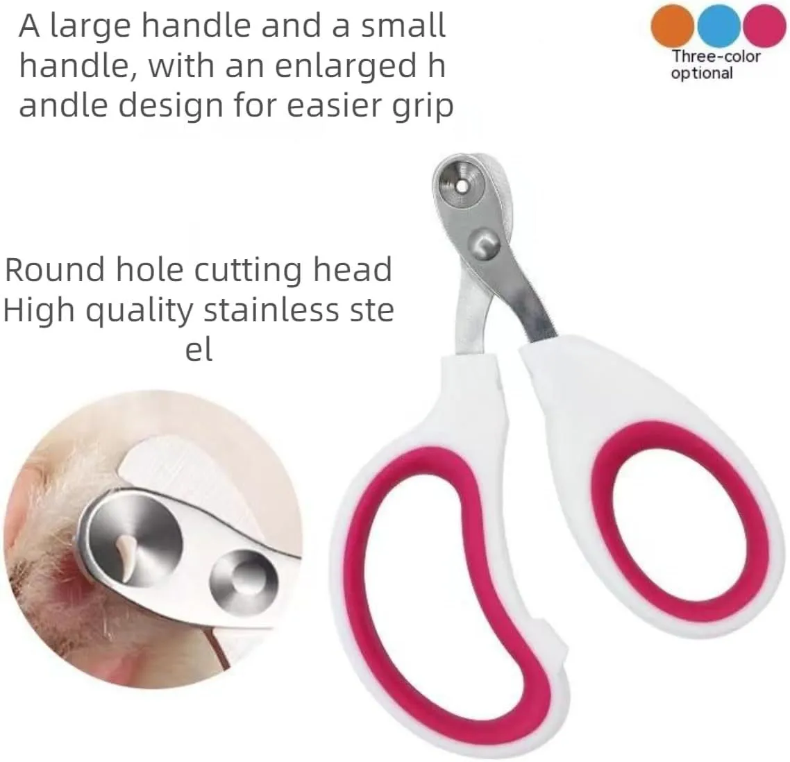 Blue handled pet nail clippers showing circular cut hole with 2mm fixed aperture and stainless steel blade.