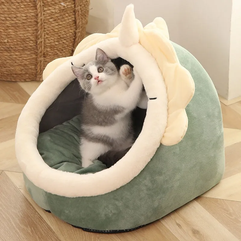 Semi-enclosed cat nest in polar fleece, 48x45x37cm large size, green colour, with mat cushions