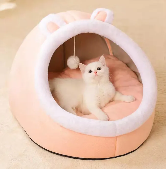 Semi-enclosed cat nest in polar fleece, 48x45x37cm large size, green colour, with mat cushions