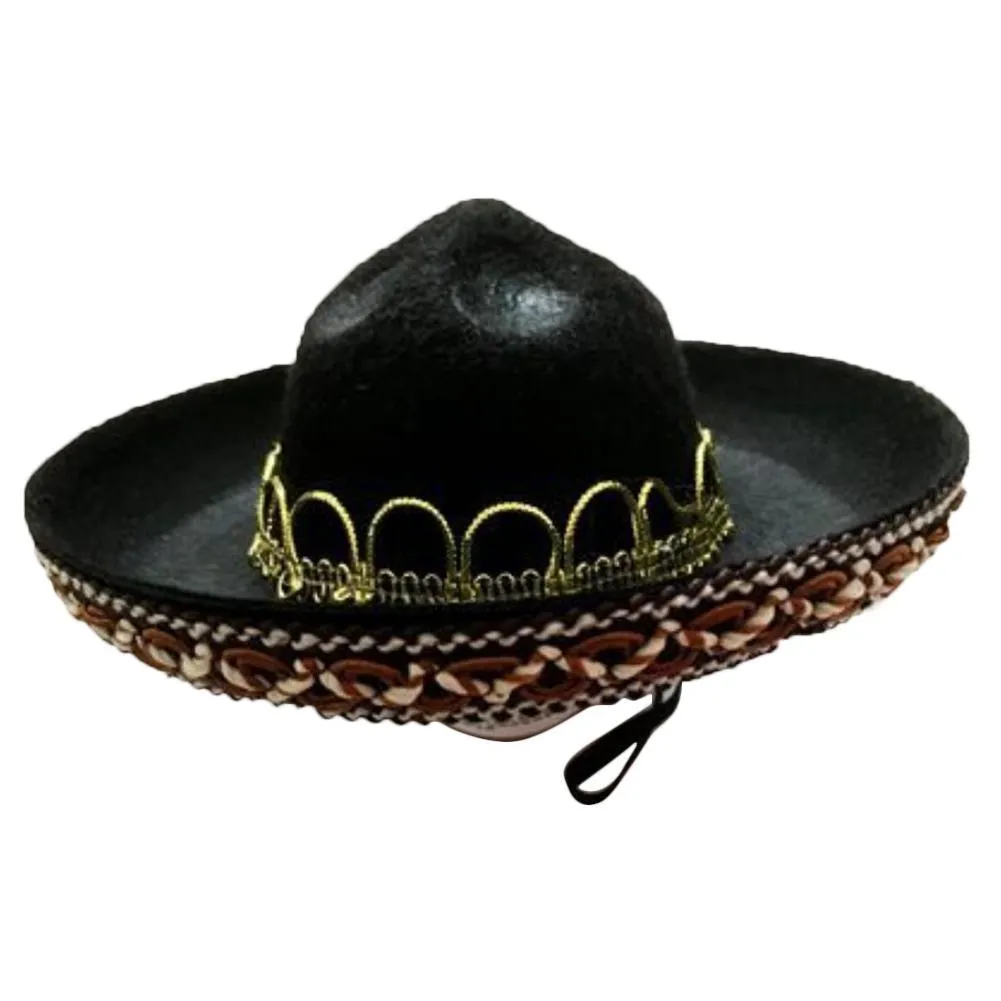 Mexican style cloth pet hat with brown lace 17 cm diameter on small dog
