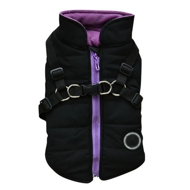 Dog zipper jacket with front zipper and leash harness opening in black